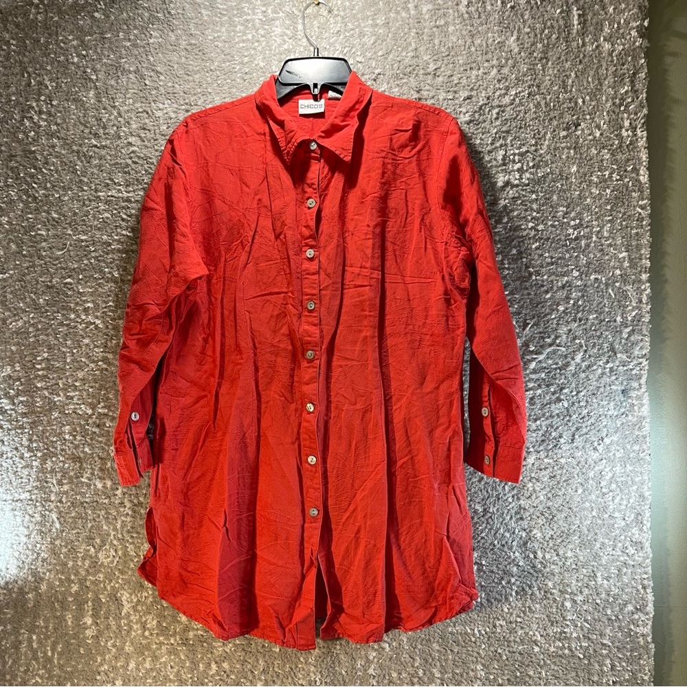 Chicos Size 2, Large Linen Blend Button Up Red Tunic Blouse Long Sleeve Collared